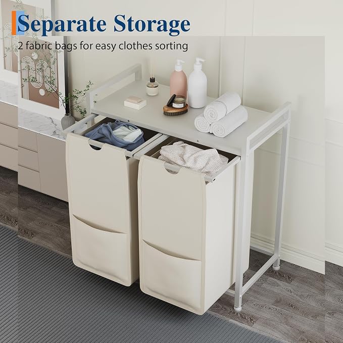 Garvee 97L Laundry Basket 2 Section, Laundry Hamper with Shelf & 2 Removable Bags, Dirty Clothes Basket Organizer for Bathroom Bedroom Room Organization, 2 x 12.8 Gal (48.5L), White and Beige | Laundry Basket with Shelf & 2 Removable Bags, Dirty Clothe... - Image 5