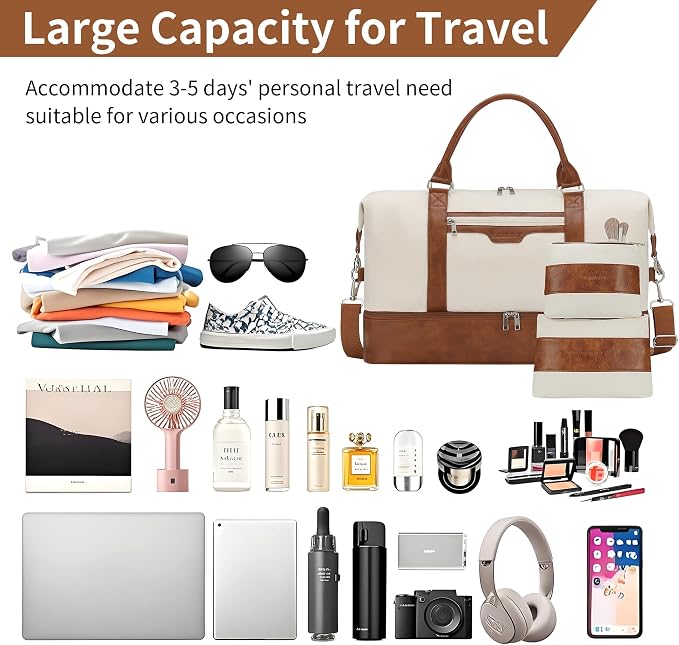 Oeihuivt Weekender Bags for Women - 21 Inch Large Travel Duffel Bag 3-Piece Set with Shoe Compartment, Heavy-Duty Canvas & Leather Carry On Overnight Tote (Airplane Approved) - Image 3