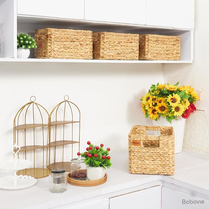 Large Wicker Storage Baskets, Set of 3, Water Hyacinth Basket Organizer, 14.2x10.2x8.7H Inches -Great Storage Solution for Shelf and Pantry Storage - Image 6