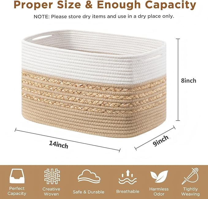 UBBCARE 4 Pack Baskets for Organizing, Woven Storage Baskets for Toys and Towel, Rectangle Cotton Rope Basket with Handles, 14''L x 8''W x9''H, Brown - Image 2