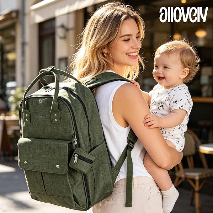 Modern Diaper Bag Backpack for Moms Dads with Hidden Pocket Green | Allovely Diaper Bag Backpack, Large 22L Baby Bags for Boys Girls, Multi-functional Travel Diaper Backpack, Stroller Straps - Image 7
