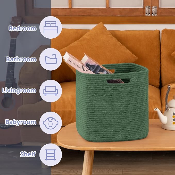 OIAHOMY 2 PACK Cube Storage Bin 13 Inch Collapsible Storage Cube Green | Cube Storage Organizer Storage Bins for Shelves Baskets for Organizing Woven Rope Storage Baskets - Image 4