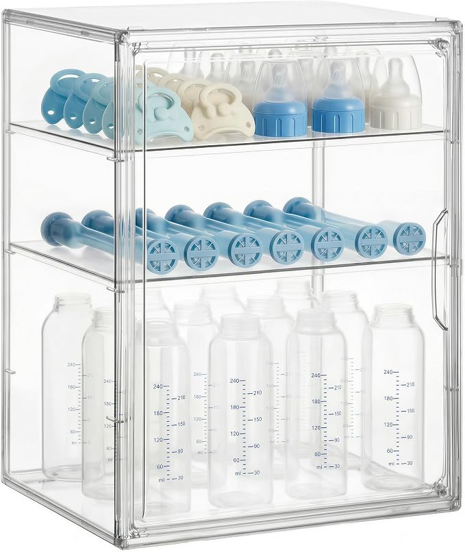 HBlife Baby Bottle Storage Organizer for Countertop Cabinet, 3 Tiers Adjustable Clear Acrylic Bottles Storage Station Case Box Container with 2 Removable Dividers and Magnetic Door, Large by HBlife
