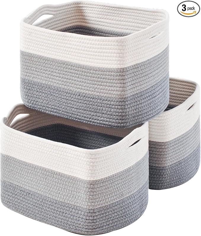 ICERZCZ Storage Baskets for Organizing Shelves, Woven Cotton Rope Baskets for Storage Books Towels Toys, Organizing Baskets, Toy Basket for Nursery Bathroom, 15"x11"x9.5", 3 Packs, Gradient Grey by ICERZCZ