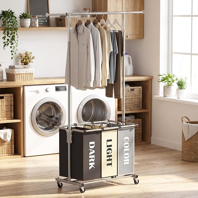 Simple Houseware 3 Bags Laundry Sorter Cart with Hanging Rod, Multi Color | Extendable Width from 30.25 to 49.25", Removable 3-Section Laundry Basketket - Image 4