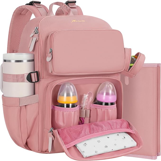 IBVIVIC Diaper Bag Backpack with Portable Changing Pad, Multifunctional Baby Bag for Mom Dad, Large Capacity, Stroller Straps, Insulated Bottle Pockets & Pacifier Case (Blush Pink) by WelcometoIBVIVIC