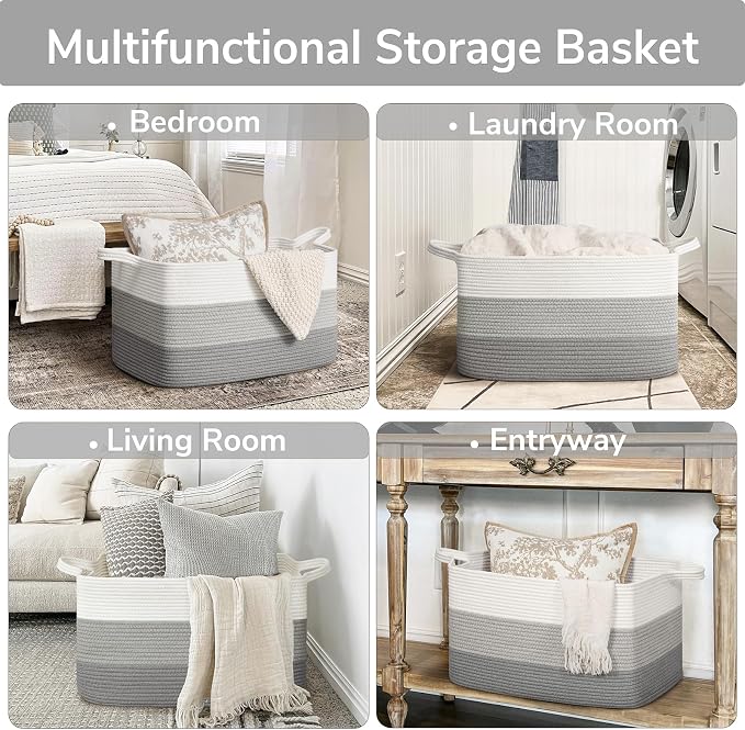 Goodpick Large Woven Rope Blanket Basket, Rectangle, Light Gray | 21.6'' x 14.9'' x 11.8'' Storage Basket for Blankets, Pillows & Toys, Living Room & Nursery Organization, Reinforced Handles - Image 4