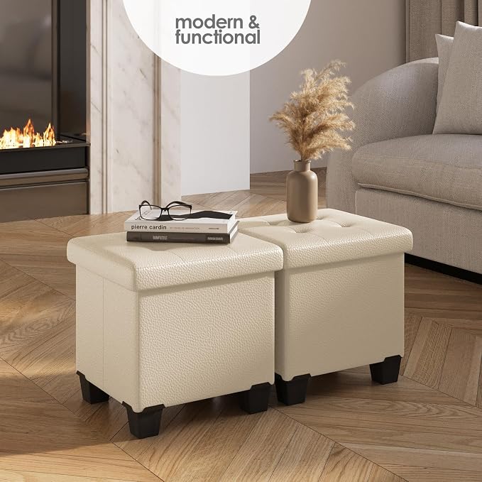 Storage Ottoman Cube with Small Bin, 15-in Square Ottoman with Storage for Living Room and Bedroom, Small Ottomans Foot Rest, Leather Foot Stools Ottomans Max 330lbs, Beige - Image 2