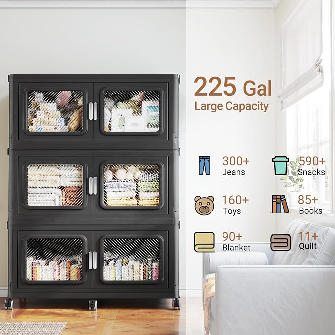 BROVIEW 900 Qt Extra Large Stackable Storage Bin with Lids, 3 Pack Black | 225Gal Extra Large, Collapsible Storage Boxes with 3 Lids, Folding& Rolling Plastic Drawer, Heavy-Duty Cabinet Organization - Image 7