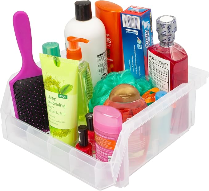 Medium-Wide Stackable Plastic Storage Bins, 4-Pack, Clear | Open-Front Stackable Bins For Garage, Pantry, Closet & Office, 11"L X 11"W X 5"H, Nests When Empty, Durable Plastic - Image 4