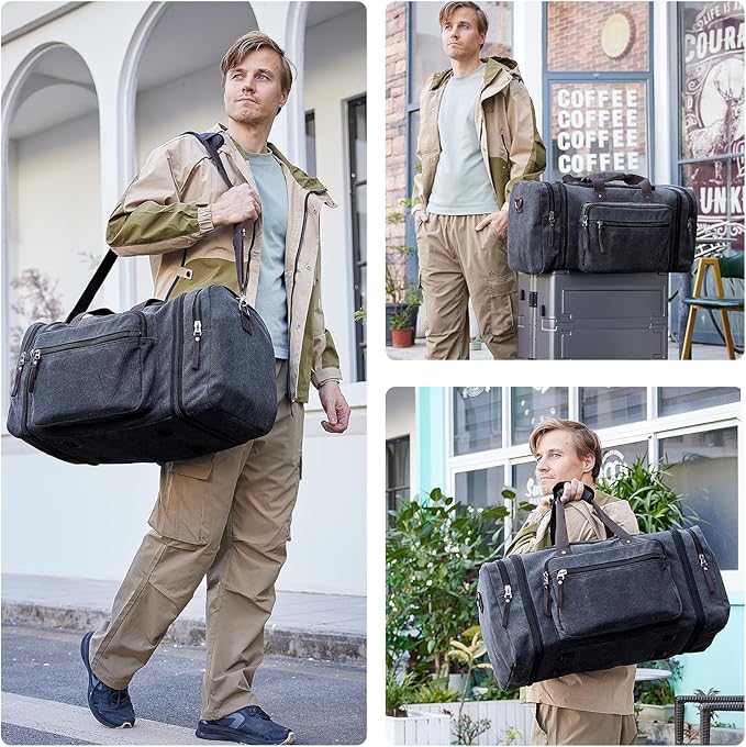 EKOROMIER Large Canvas Duffle Bag for Travel, Expandable 55L Weekender bags | Features Luggage Trolley Sleeve, Multi-Pockets for Traveling, Overnight Airplane Carry-On Bag for Men & Women - Dark Grey - Image 3