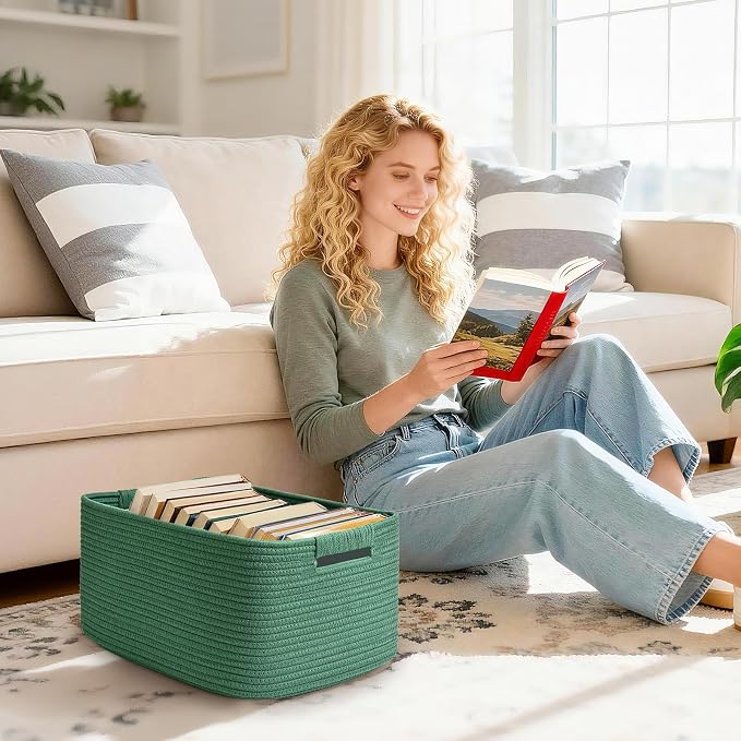 3 Pack Large Storage Basket for Organizing, 17.5"x13"x7" Woven Basket for Shelves, Closet Cube Storage Bins with Wrapped Handle, Cotton Rope Baskets for Kitchen, Clothes, Toys(Green) - Image 5