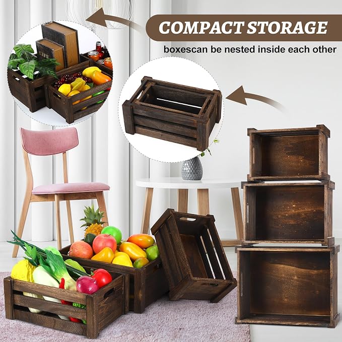 Barydat Set of 5 Wood Crates for Display Decorative Nesting Wooden Crate Storage with Handles Vintage Farmhouse Style Decorative Boxes Multipurpose Fruits Vegetables Boxes(Dusty Brown,Rustic) - Image 4