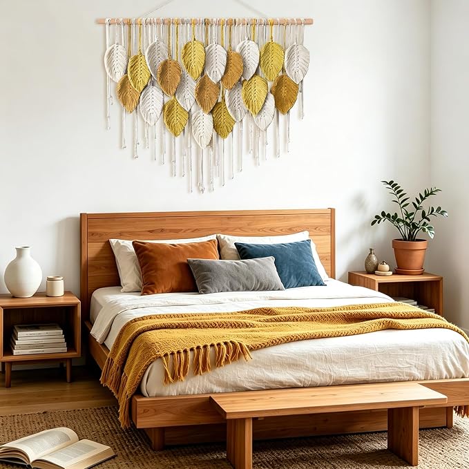 Large Macrame Wall Hanging Boho Woven Tapestry Bohemian Farmhouse Wall Art | KHOYIME Handmade Yellow Leaf Feather Chic Modern Home Decoration for Living Room Bedroom Nursery Dorm Backdrop 39"W X 29.5"L - Image 6