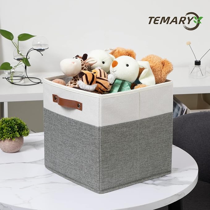Temary Storage Cubes 12x12 Fabric Cube Storage Bins Foldable Storage Baskets with Handles, Decorative Storage Boxes for Organizing, Home, Office, Nursery, Shelf, Closet (White & Grey, 12 x 12 x 12) - Image 2
