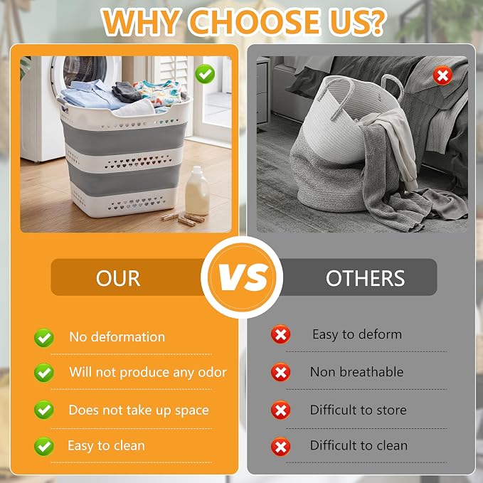 2 Pcs 42L Collapsible Laundry Baskets- Foldable Laundry Basket with Handles, Sturdy Plastic Pop Up Laundry Hamper, Space Saving Storage Container for Wet/Dry Use, Ideal for Home, Dorm, Apartment Grey - Image 6