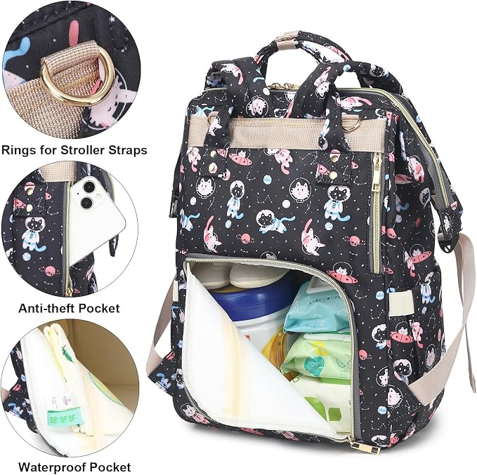 Cat Baby Diaper Bag Backpack for Women, Large Capacity Waterproof Maternity Travel Nappy Backpacks with Stroller Straps - Image 3