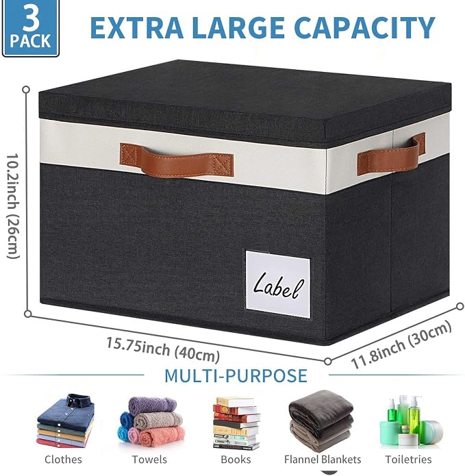 GhvyenntteS Extra Large Storage Bins with Lids, Foldable Fabric Storage Boxes with Lids and Handles, Storage Baskets with Lid and Label for Home Office (3 Pack, Black, 15.75" x 11.8" x 10.2") - Image 3