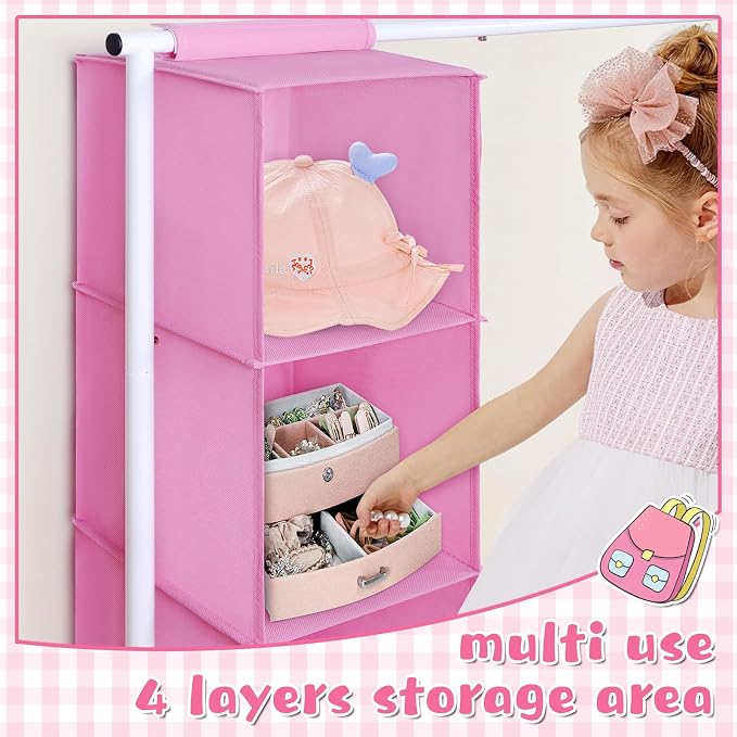 Univivi Kids Clothing Rack with Hanging Organizer, 43 Inch, Pink and White | Toddler Dress Up Storage with Bottom Shelf, Sturdy Metal Baby Closet, Toddler Wardrobe Rack for Nursery, Playroom, Bedroom - Image 4