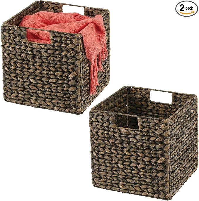 mDesign Natural Woven Hyacinth Cube Organizer Basket with Handles, Storage for Bathroom, Laundry Room Shelf or Nursery - Perfect for Cubby Storage Units - Hold Blankets and Books - 2 Pack, Black Wash by mDesign