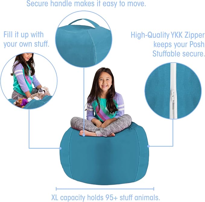 Posh Stuffable Kids Stuffed Animal Storage Bean Bag Chair Cover - Childrens Toy Organizer, Large 38" - Heather Teal - Image 2