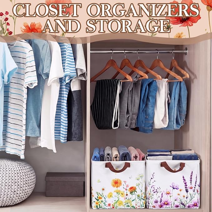 Fourluoo 12 Pack Floral Storage Basket with Handles Clothes Storage Basket Bin Foldable Box Bins Organizer for Closet Shelf Nursery Kid Room Book Toy Chest - Image 6