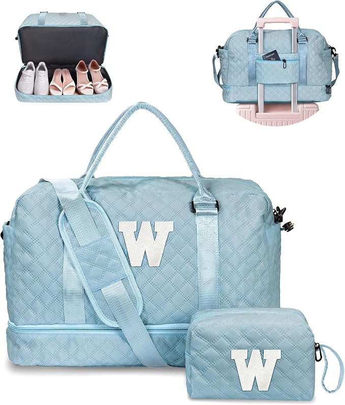 Weekend Bag Personalized Monogram Bags with Wet Pocket Lady's Bags | Birthday Gift Basket for Women-Overnight Travel bag with Makeup Bag-Gifts for 19 Year Old Female Gymnastics bag (Letter W) by Vogewood