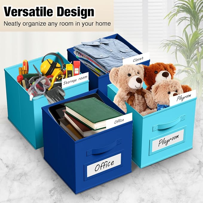 Teenyyou 10 Pack Fabric Storage Cubes 11 Inch Collapsible Cube Bins with Label Window & Handle Foldable Organizers Baskets for Shelf Closet Nursery Kids Room Clothes Book Toy(Lake Blue, Navy Blue) - Image 4