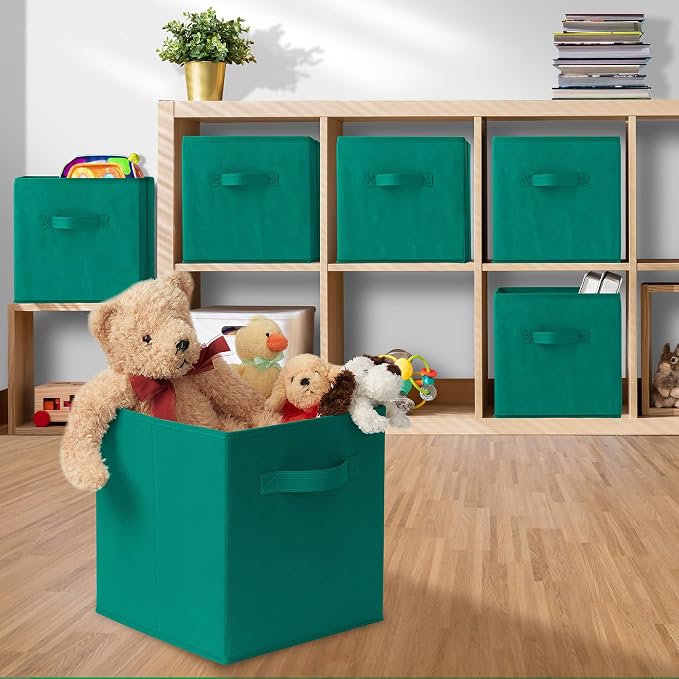 Casafield Set of 12 Collapsible Fabric Cube Storage Bins, Teal - 11" Foldable Cloth Baskets for Shelves, Cubby Organizers & More - Image 5