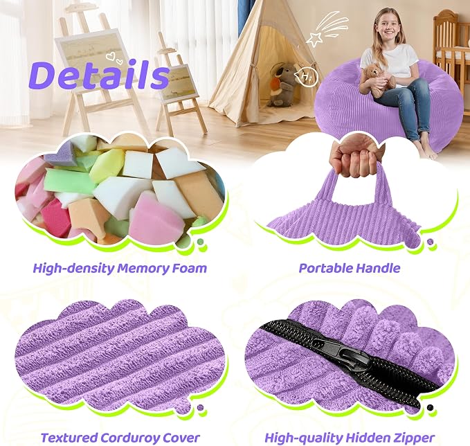 2FT Bean Bag Chair: 2' Small Bean Bags with Memory Foam Filled | Beanbag Chairs with Handle,Teardrop Bean Bag Sofa with Corduroy Machine Washable Cover for Living Room,Bedroom-Purple - Image 5