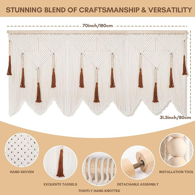 Large Macrame Wall Hanging, Boho Woven Tapestry with Wood Bead Tassel | Minimalist Above Bed Decor, Bohemian Wall Art, Handmade Cotton Woven, for Bedroom Living Room Apartment - Image 2