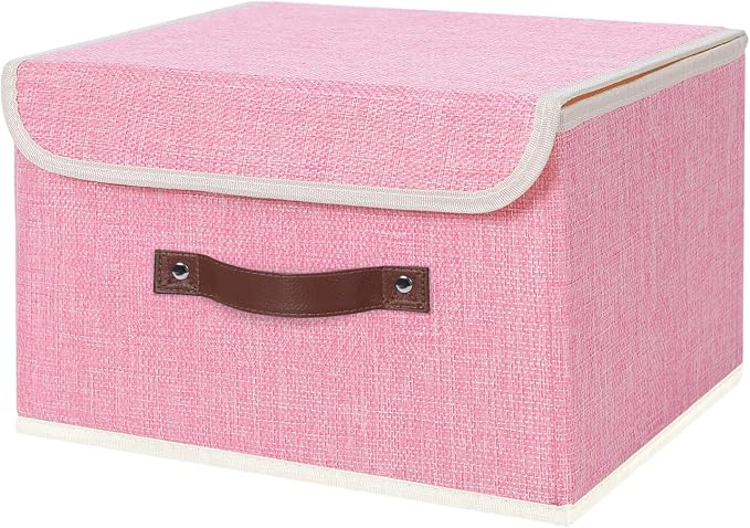 ANMINY Fabric Storage Box Bins with Lids, Pink, 13"x9"x7.9" | Keepsake Memory Storage, Cotton Linen, PP Board Reinforced, Washable, PU Handles, Foldable & Stackable, Decorative, Medium by ANMINY