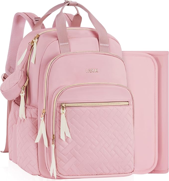 Diaper Bag Backpack, 27L Travel Quilted Baby Bags Unisex | with Changing Pad, Pacifier Bag, Stroller Straps Parents Essentials for Outdoor Trip Hospital & Daily Work, Pink by LASUK