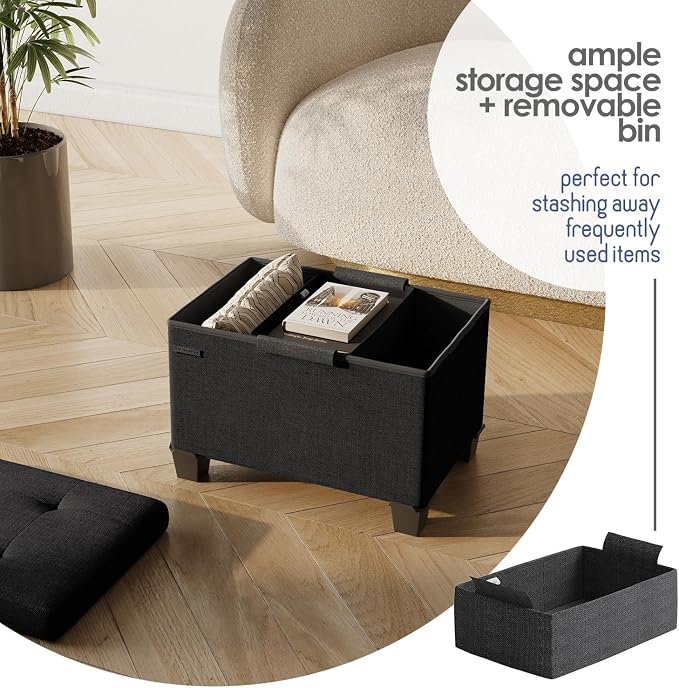 Storage Ottoman Cube with Small Bin, 16-in Square Ottoman with Storage for Living Room and Bedroom, Small Ottomans Foot Rest, Fabric Foot Stools Ottomans Max 330lbs, Black - Image 3
