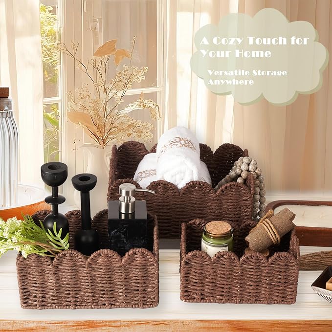 Scalloped Wicker Basket Set of 3, Hand-Woven Storage with Handles | set of 3 brown scalloped baskets with handles. Hand-woven paper rope for shelves, bathroom or closet. Stackable, sturdy. - Image 5