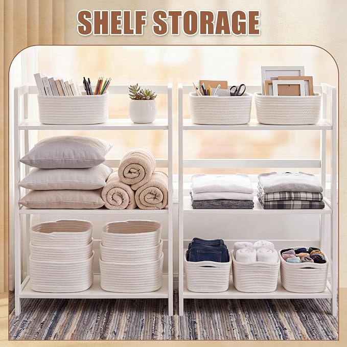 12 Pack Small Storage Basket Cute Natural Cotton Rope Woven Basket Tiny Boho Decorative Toy Storage Bin Gift Baskets for Home Organizing, Closet, Shelf, Nursery, Bathroom (Rectangle,White) - Image 5