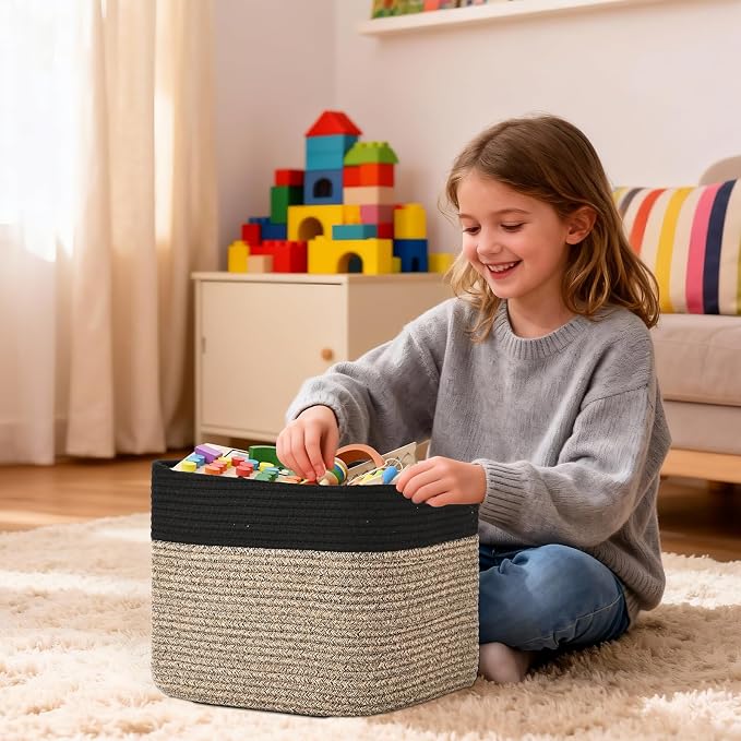 3 Pack Cube Storage Bin, 12”x12”x10” Cotton Rope Woven Baskets for Organizing Toys Clothes Towels, Square Gift Storage Baskets for Shelves, Nursery, Closet, Bathroom, Pantry (Black & Brown) - Image 5