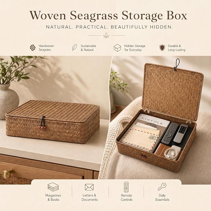 YANGQIHOME Set of 2 Seagrass Baskets with Lids, Rectangular Woven Storage Baskets, Natural Wicker Basket Boxes for Coffee Table, Shelf, Bathroom Counter & Closet Decor (Coffee, Set of 2) - Image 6