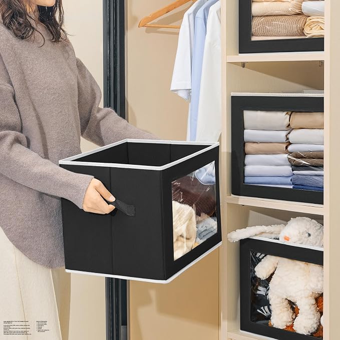 Storage Bins with Lids, 4 Pack Large Storage Cubes with Window, Closet Bins with Lids & Handles, Fabric Box for Organizing Clothes, Towels, Books, Black - Image 5