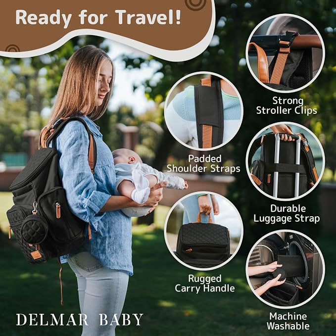 Large Diaper Bag Backpack for Mom & Dad | Unisex Baby Travel Bag | 15 Pockets | Changing Pad | Stroller Straps | Stylish & Washable | Newborn Essentials | Black - Image 6