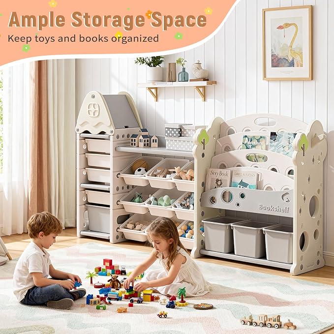 Pipleo Kids Toy Storage Organizer with 17 Removable Bins, 4-Tier Bookshelf for Kids, Multi-Purpose Castle-Shaped Toy Organizer for Playroom, Bedroom, Nursery, Living Room (Cream) - Image 7