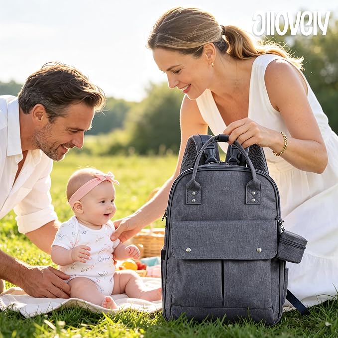Multi-functional Diaper Bag with Insulated Pockets Gray | Allovely Diaper Bag Backpack, Large 22L Baby Bags for Boys Girls, Multi-functional Travel Diaper Backpack, Stroller Straps - Image 7