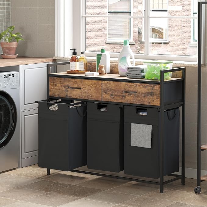 Mondeer 150L Laundry Sorter 3 Section with 3 Bags 4 Wheels 2 Drawers | 50L x 3 Pull-Out Laundry Hamper Baskets Removable for Laundry Room Bathroom, Rustic Brown and Black - Image 8