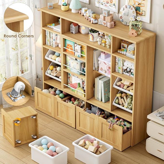 Toy Storage with Sliding Bookshelf, Toy Organizer with 4 Bins | 55.1’’ W Large Toy Storage Organizer Kids Bookshelf with 4 Movable Drawers, Toy Bins Playroom Storage for Kid Room, Natural - Image 7