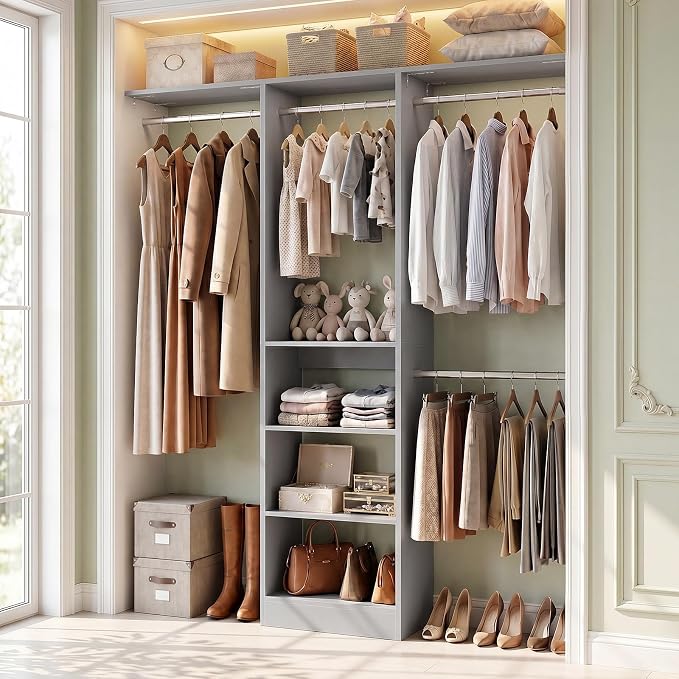 Besiost 4FT Small Closet Organizer System with 4 Hanging Rods & 3 Shelves | 48" Closet System for Small Closets, 80" H Small Closet Organizers and Storage for Bedrooms, Cloakrooms, Gray by Besiost