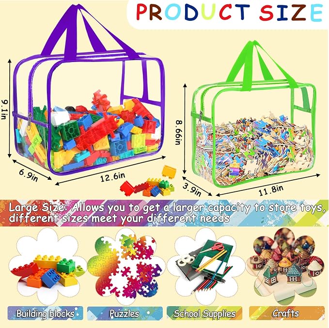 6 Colors Large Toy Storage Bags with Labels, Reusable Clear PVC Board Game Storage, Travel Waterproof Organizer Bags with Zipper for Building Blocks, Puzzle, Kids Books(3 large & 3 Extra Large) - Image 2