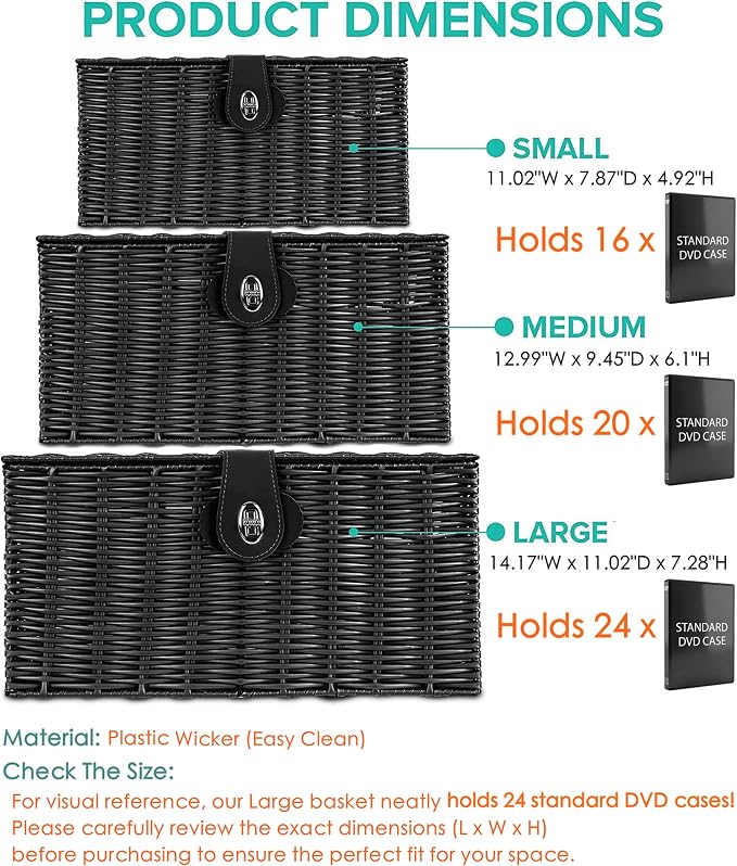 Set of 3 Woven Wicker Storage Basket Box with Lids & Lock, Built-in Carry Handles, Multifunctional Storage Organizer for Nursery, Baby, Clothes, Toys, Books, Large/Medium/Small Size (Black) - Image 3