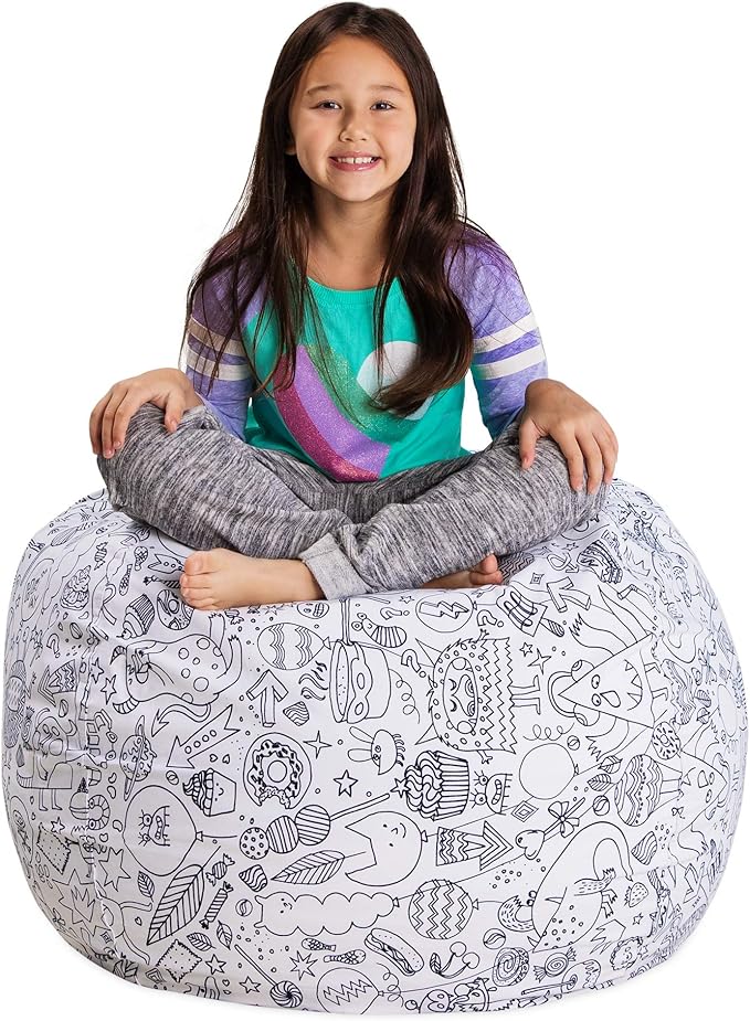 Posh Stuffable Kids Stuffed Animal Storage Bean Bag Chair Cover - Childrens Toy Organizer, Large 38" - Canvas Fun Creatures Coloring Fabric by PoshCreations