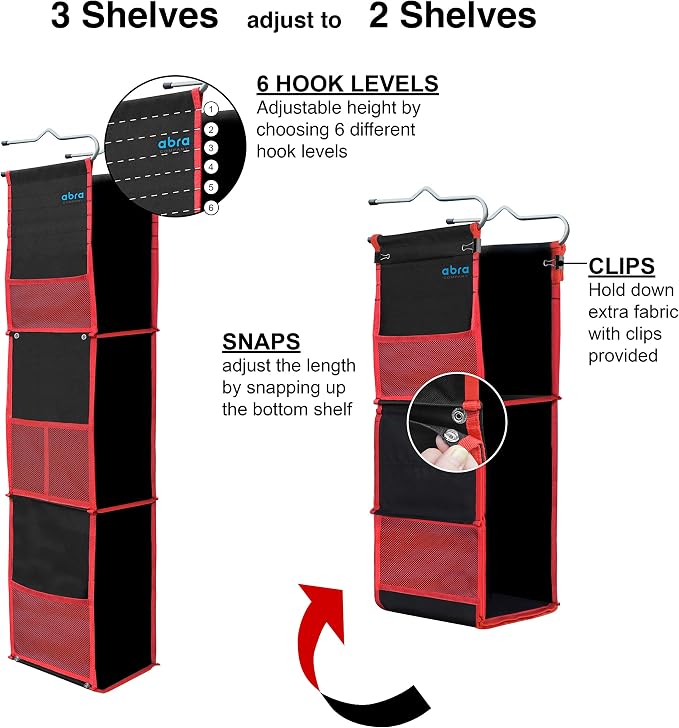 ABRA® 3 Shelf Hanging Locker Organizer for School, Gym, Work, Storage | Deep Shelves 6.5”x 9”| Eco-Friendly Fabric Healthy for Children | Adjustable School Locker Shelf from 3 to 2 Shelves (Black/Red) - Image 5