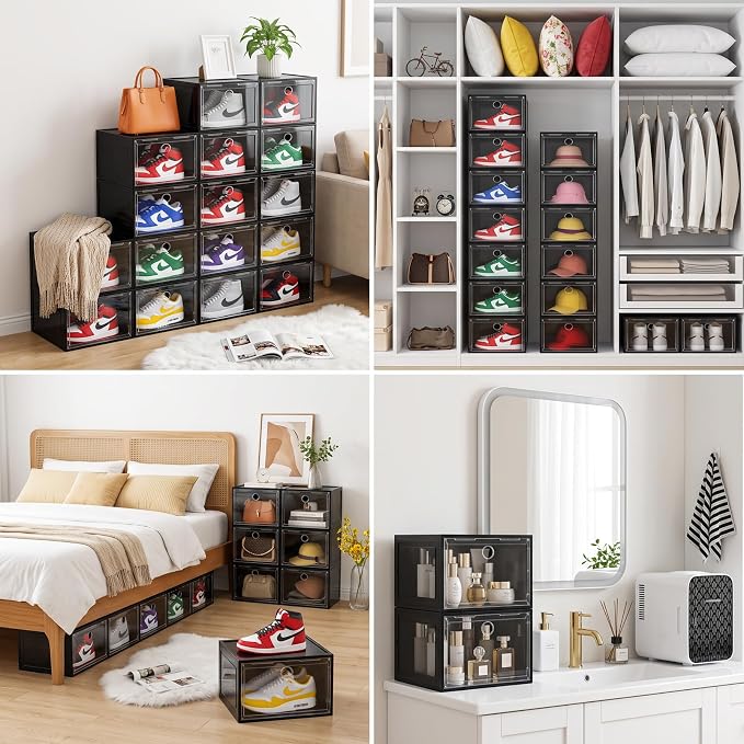 Large Clear Plastic Stackable Shoe Boxes 8-Pack, Drop Side Shoe Organizers | Black Sneaker Storage Display Cases with Magnetic Door, Premium Shoe Container Fits up to US Size 13, for Closet Organization - Image 6